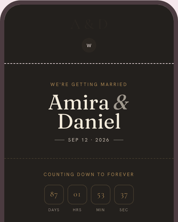 The same invitation for Amira and Daniel, styled in the Elegant Dark / Gold look