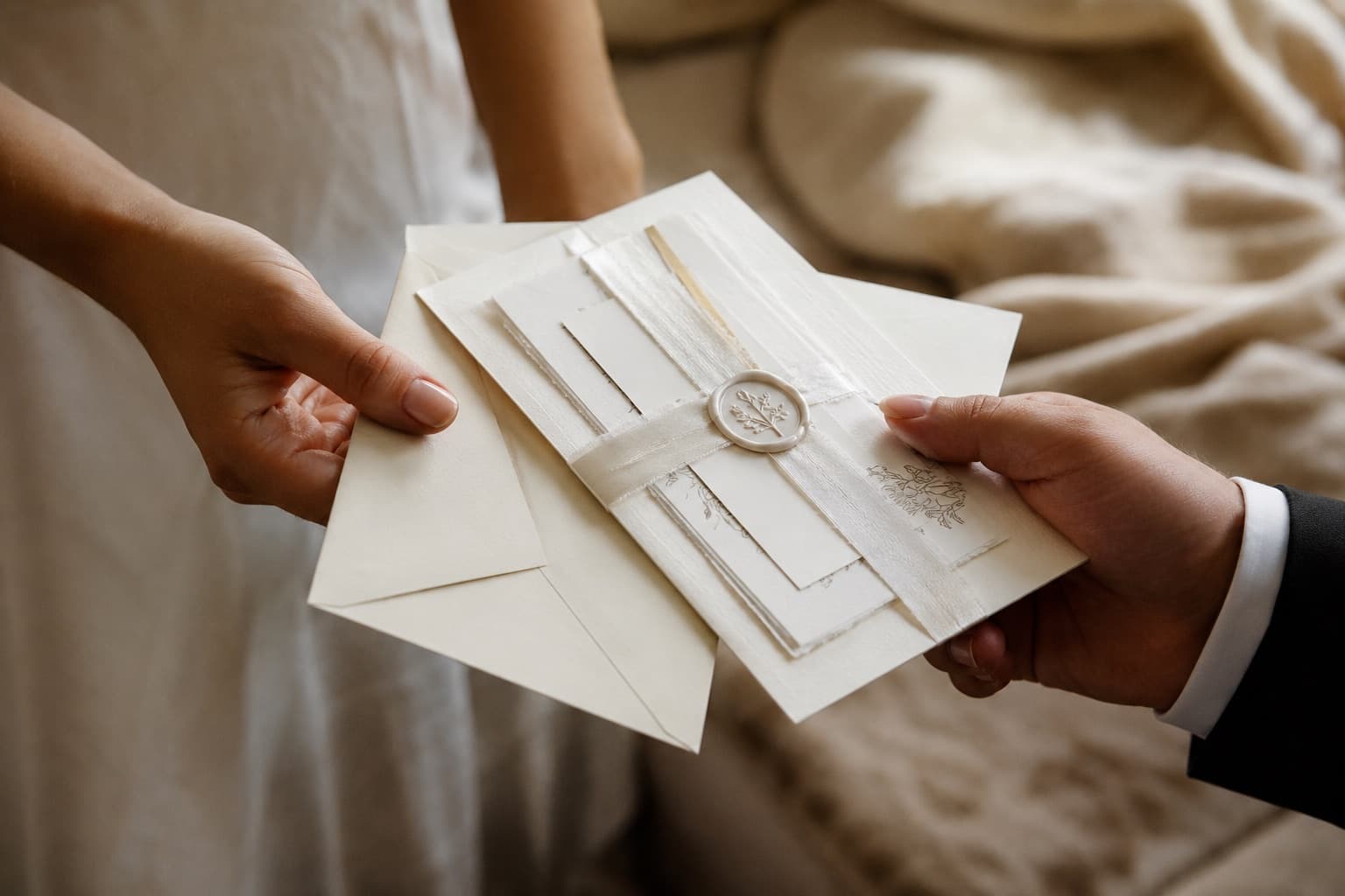 A couple exchanging a sealed wedding invitation
