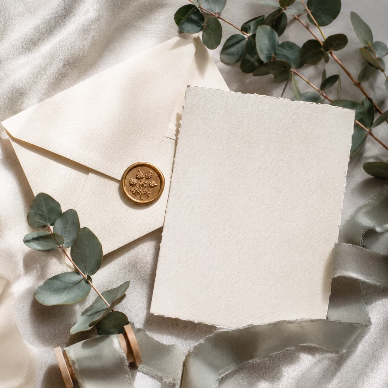 An ivory invitation suite with a gold wax seal and eucalyptus