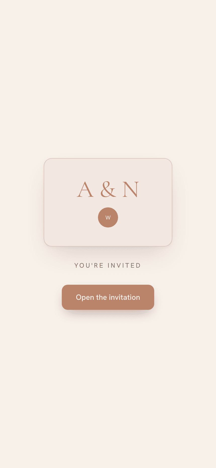 A VowPost envelope gate for Amelia and Noah with an 'Open the invitation' button — the first thing a guest sees