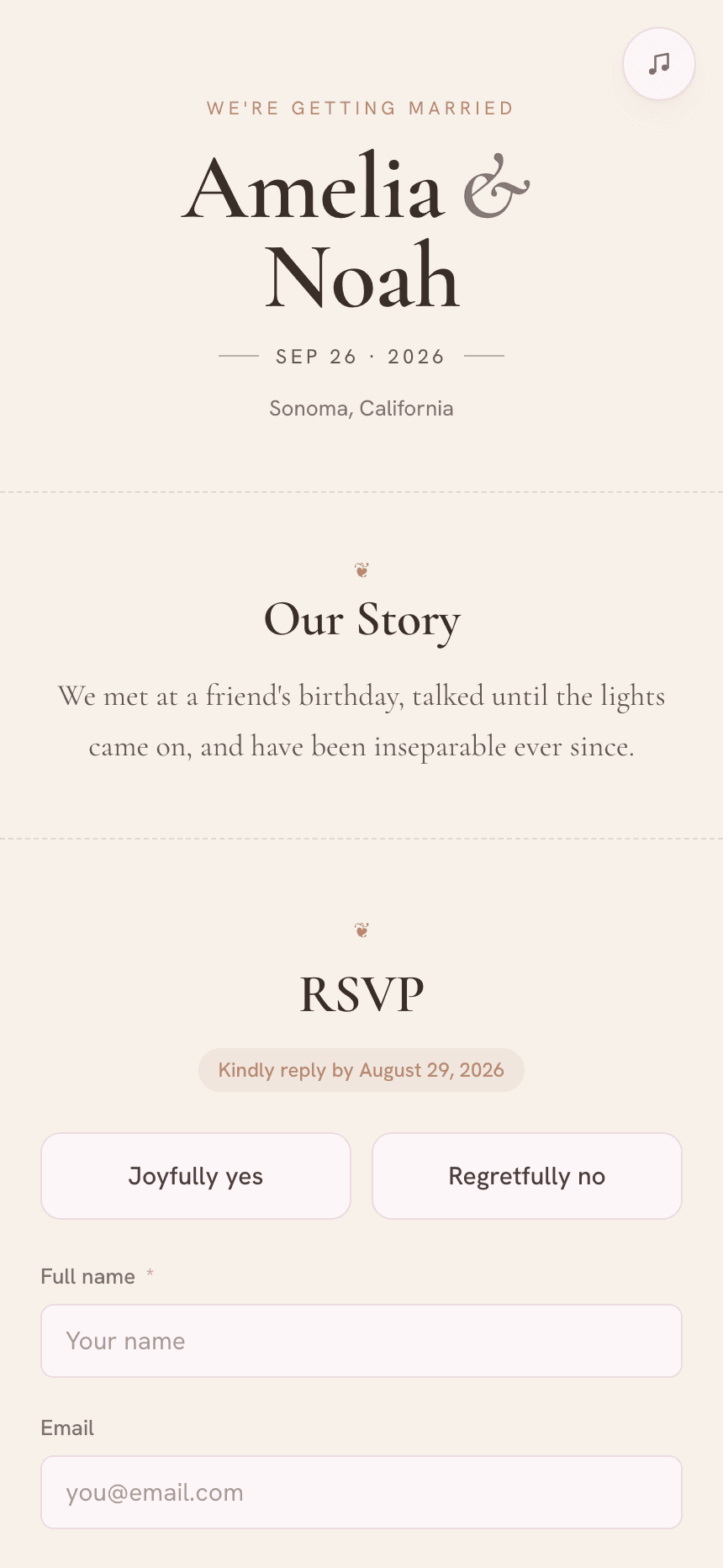 A VowPost invite for Amelia and Noah showing the couple's names, wedding date, their story and the start of the RSVP form