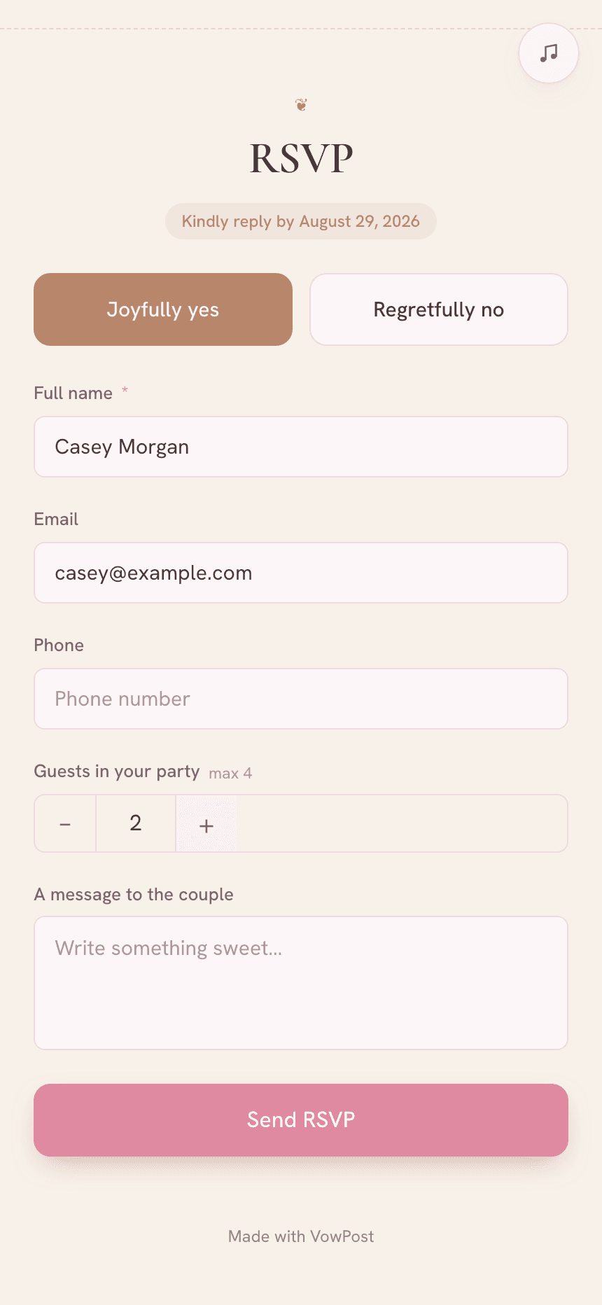 The VowPost RSVP form filled in by a guest named Casey Morgan: attending yes, email, party size of two, and a message field