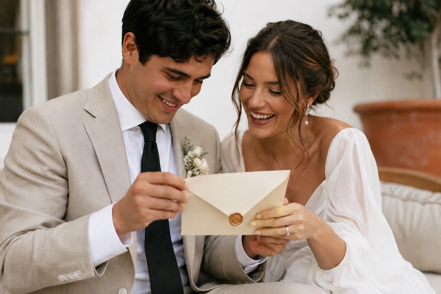 A couple opening their wedding invitation together
