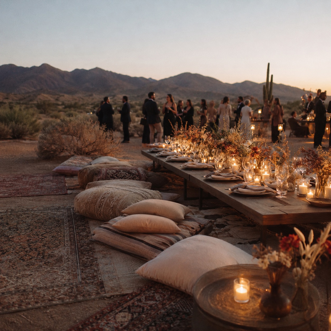 Boho desert wedding details among pampas grass and warm clay tones