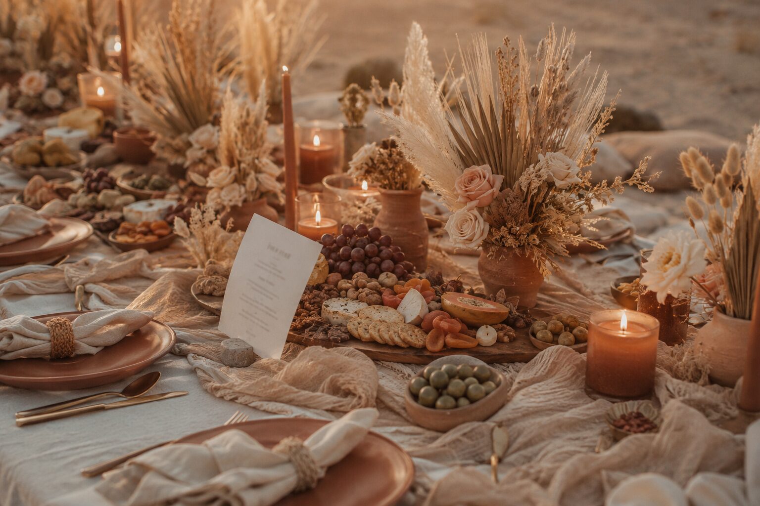 A long grazing table set under the open desert sky