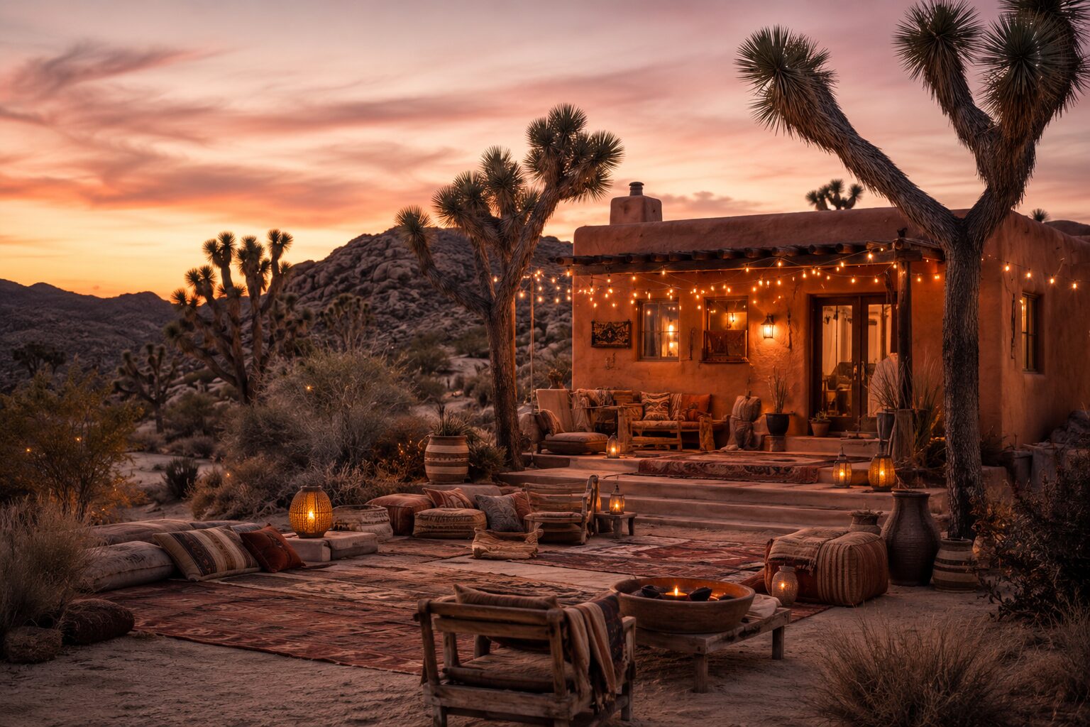 Adobe-style desert lodge with warm clay walls under a wide sky