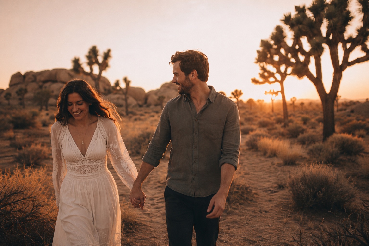 Willow and River together at golden hour in the desert, framed by an arch