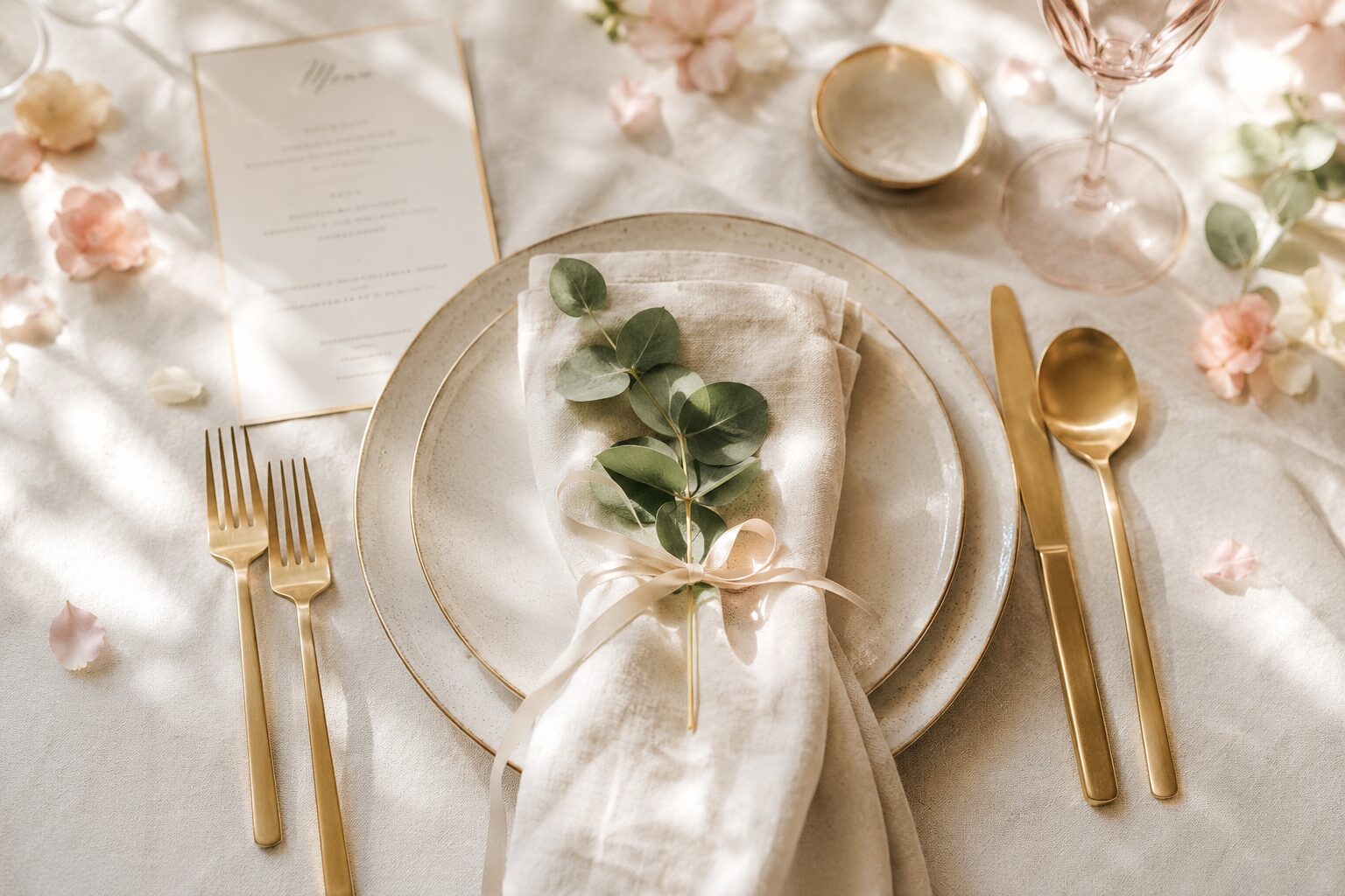 A candlelit garden table set for dinner among the blooms