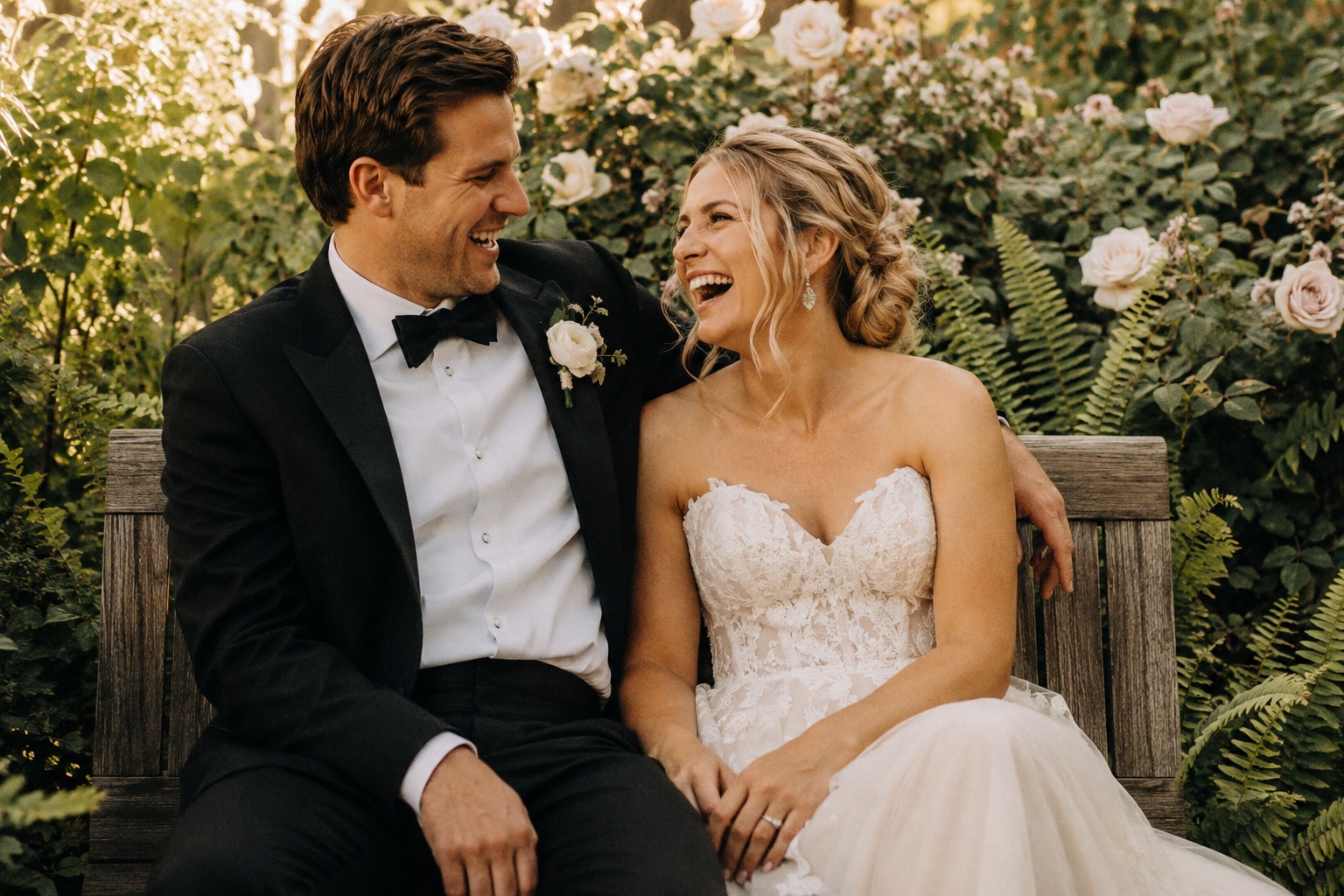 Charlotte and James together among the gardens where their story began