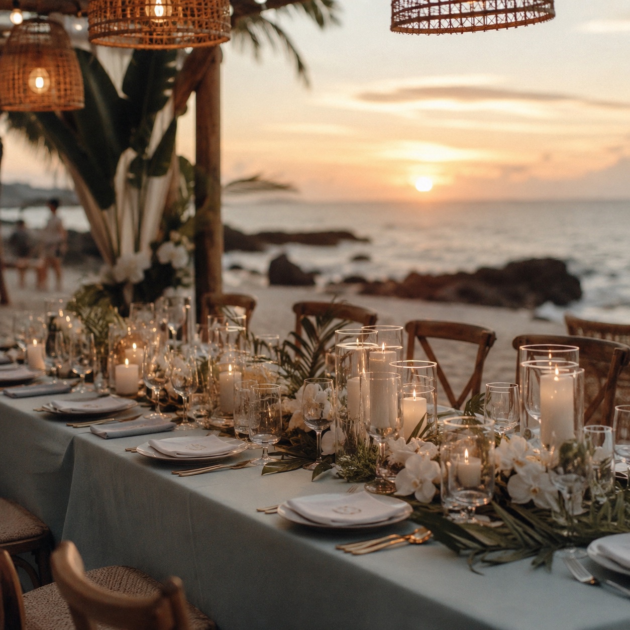 The couple silhouetted against a coral-and-gold sunset over the ocean