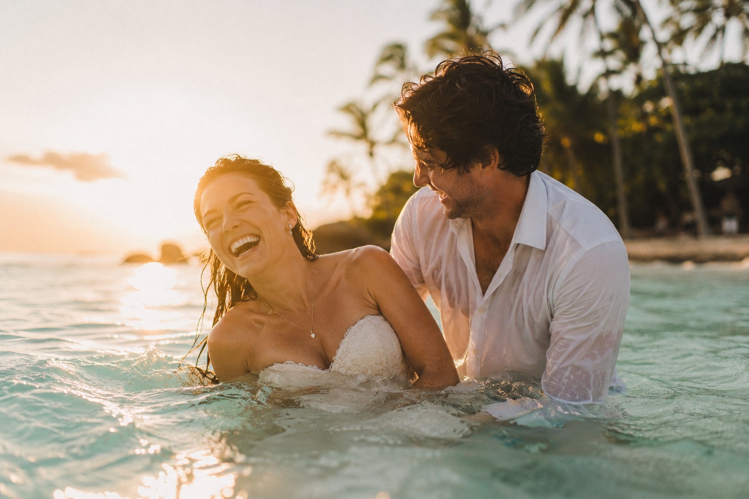 Maya and Kai barefoot in the shallows at golden hour, foreheads together against a turquoise sea