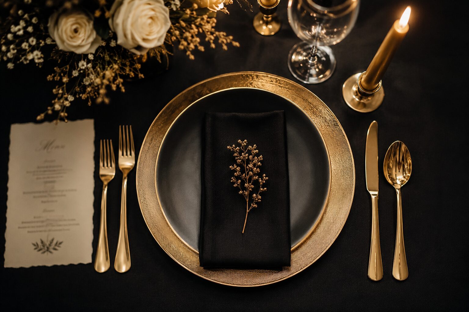 A black-and-gold place setting by candlelight