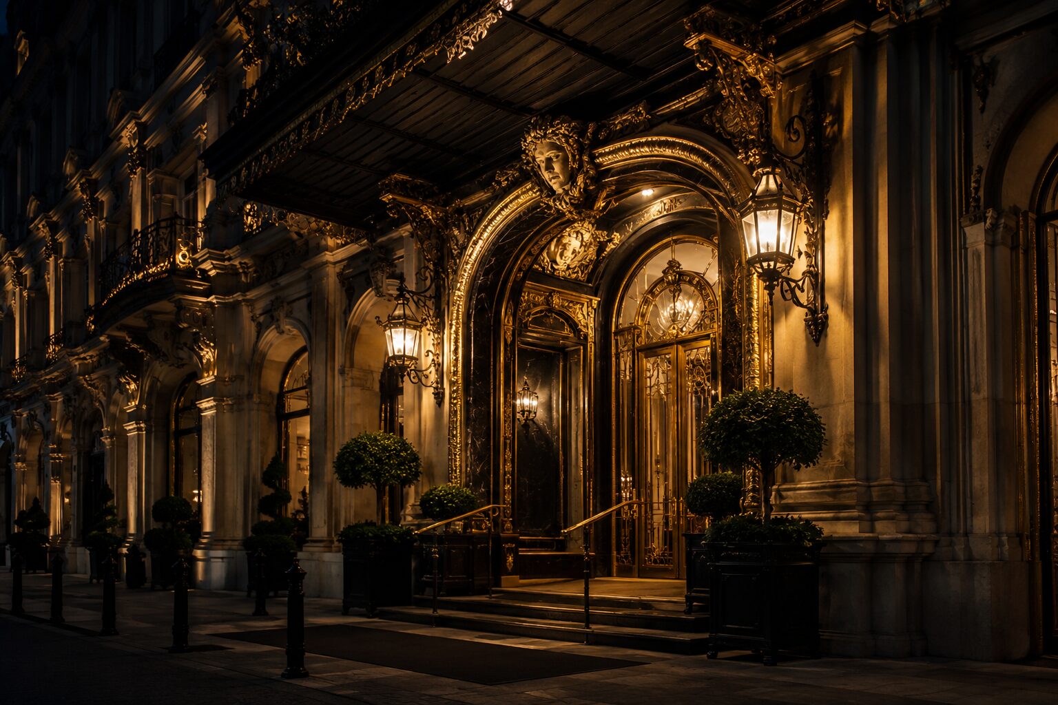 The gilded facade of Hotel Saint-Régis at night
