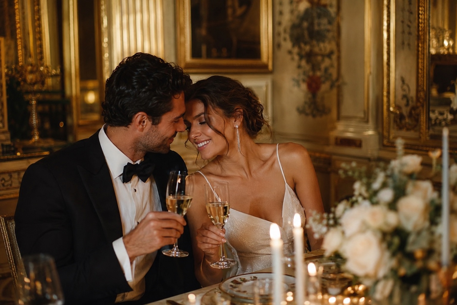 Isabella and Adrian together, an intimate portrait in warm candlelit gold tones