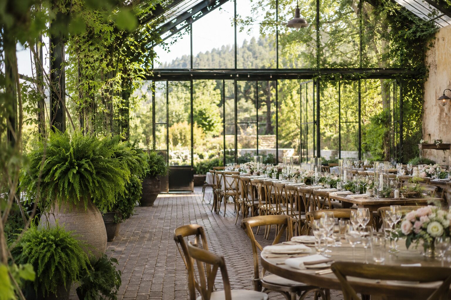 The glass-paned greenhouse at Fernwood Farm framed by climbing greenery