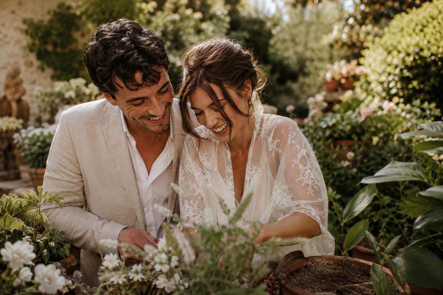 Sofia and Liam together among lush greenery in the garden where their story began