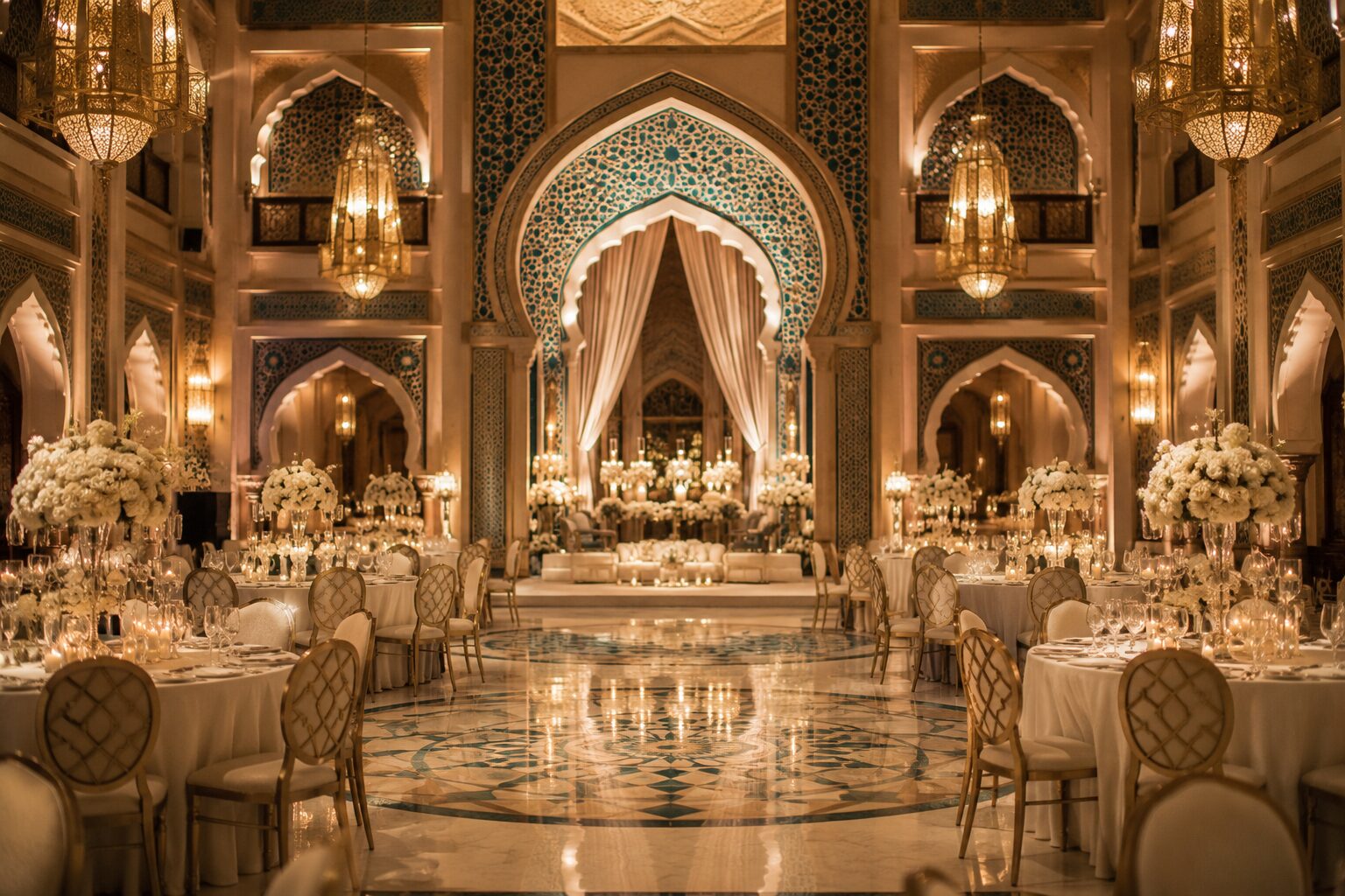 The grand ballroom of Royal Andalus Hall, set beneath arched windows and gold chandeliers