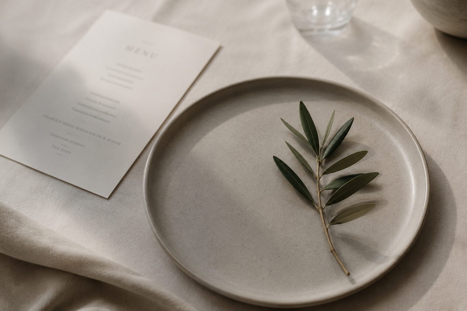 The dinner table set with simple ceramics and low candlelight