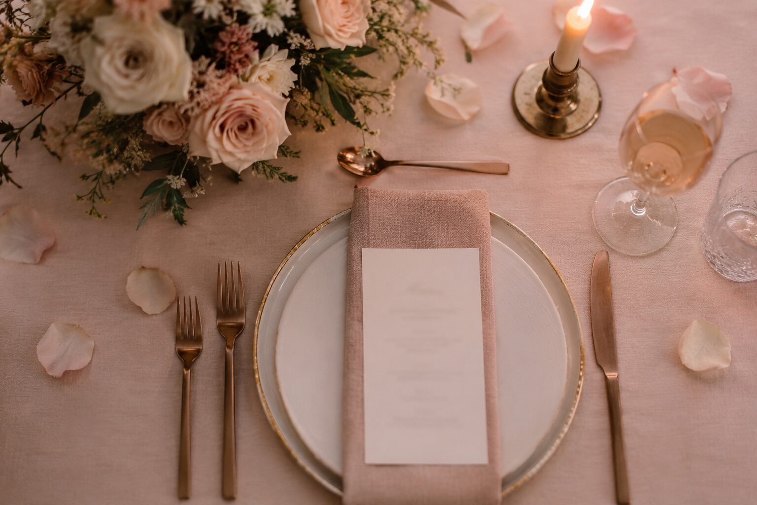 A candlelit lakeside table set for dinner